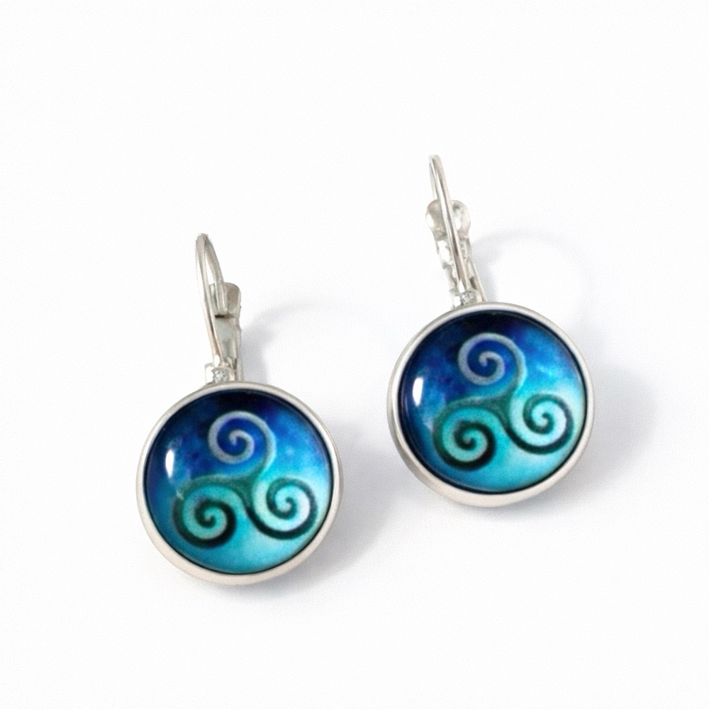 Studio Series Celtic Triskele Silver Drop Earrings Ocean Blue Spiral